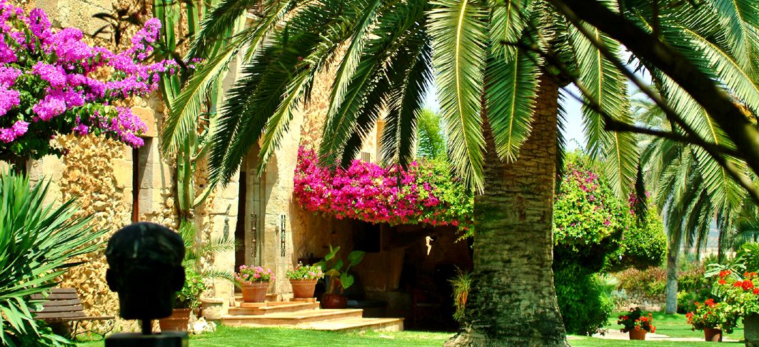 Ein Garten mit Palmen, Bouganivillea und einem traditionellen mallorquinischen Haus